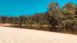 A sandy beach with a calm river and dense trees in the background. - The Leaf River Yacht Club (Petal)