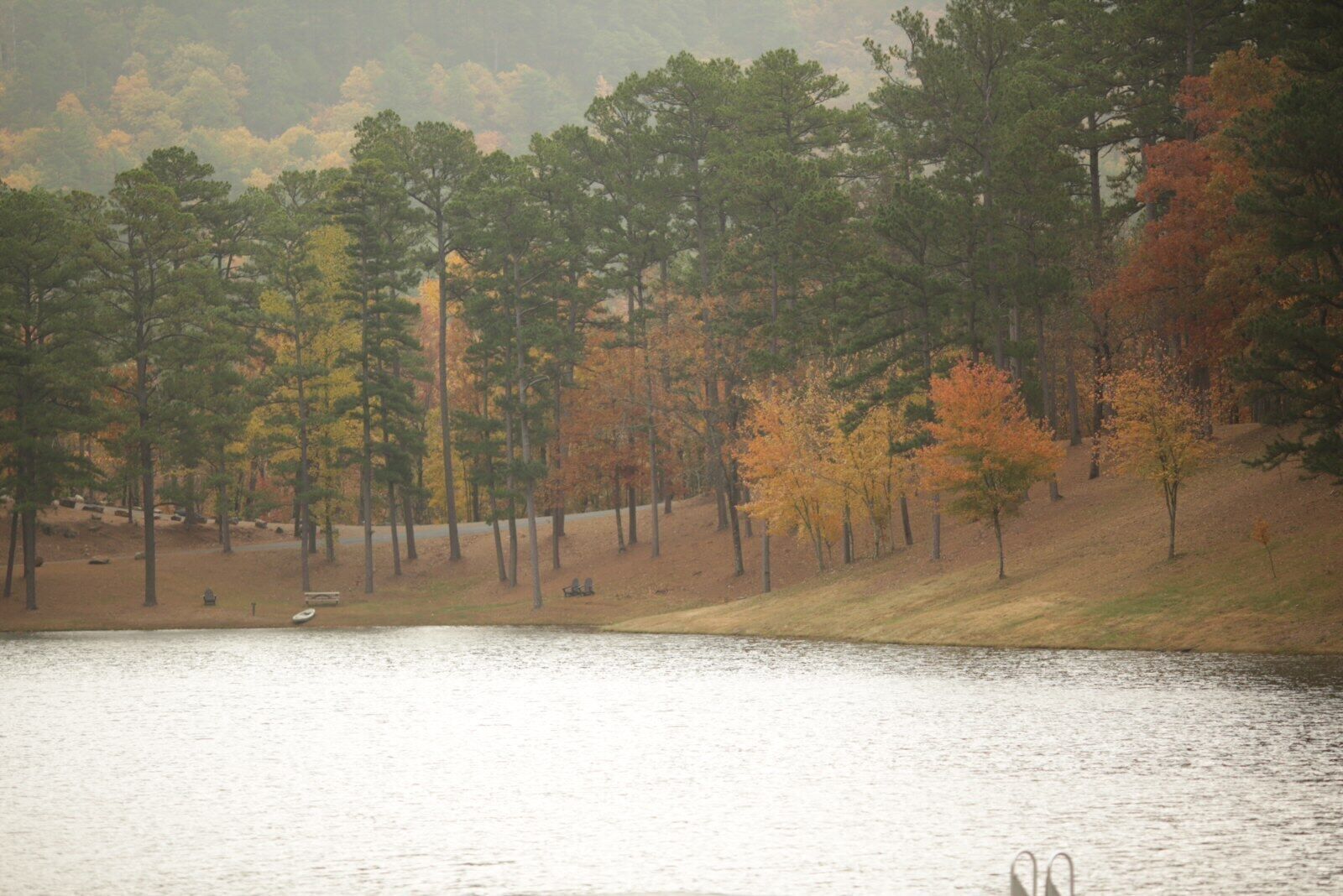 A serene lakeside scene with trees in autumn colors, a dock, and a grassy area.