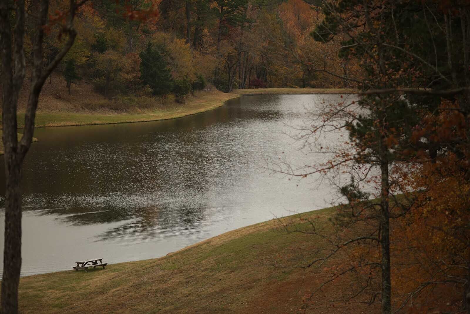 A serene lakeside view with a picnic table by the water.