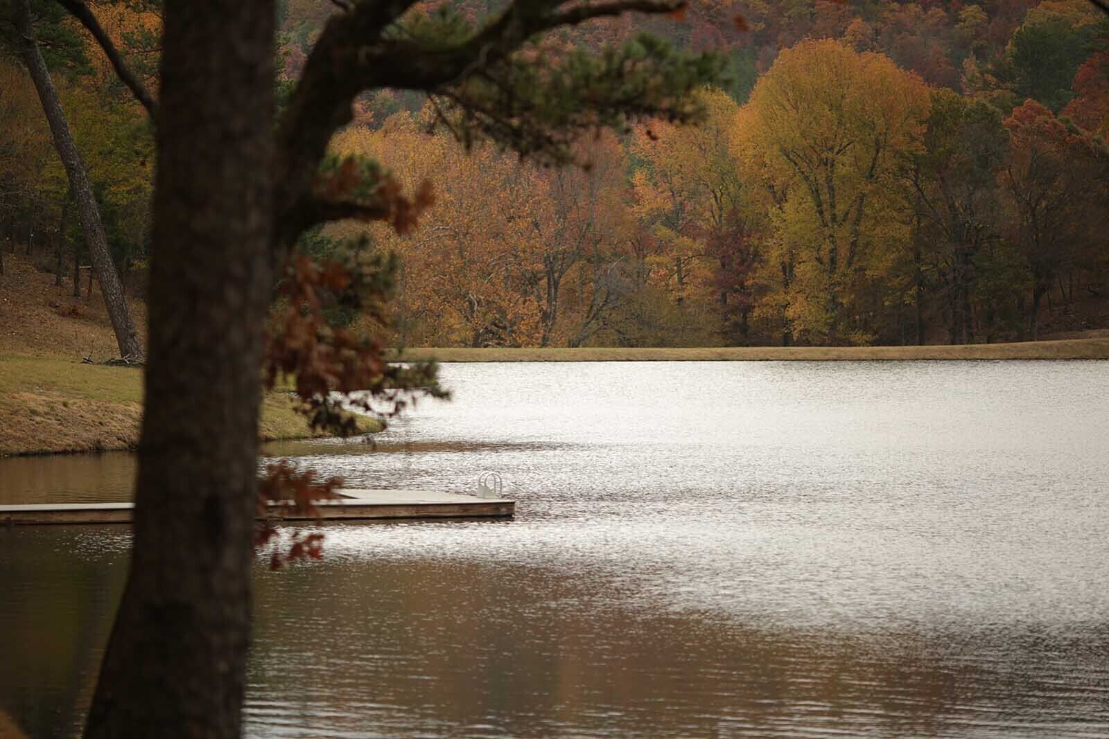 Um lago calmo com um píer e árvores ao fundo.
