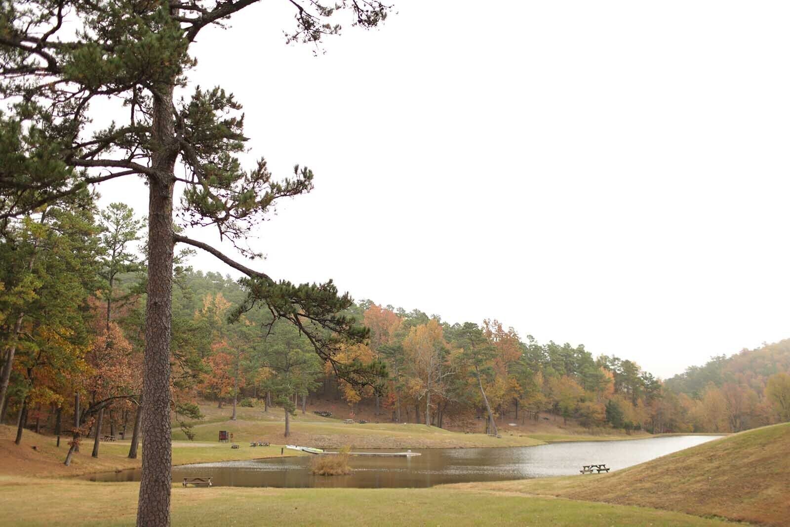 A serene lakeside view with a picnic area and a walking path.