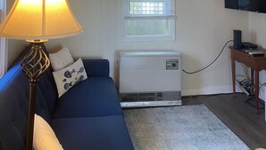 Une pièce chaleureuse avec un plafond en bois, un canapé bleu, une lampe, un téléviseur et un appareil de climatisation.