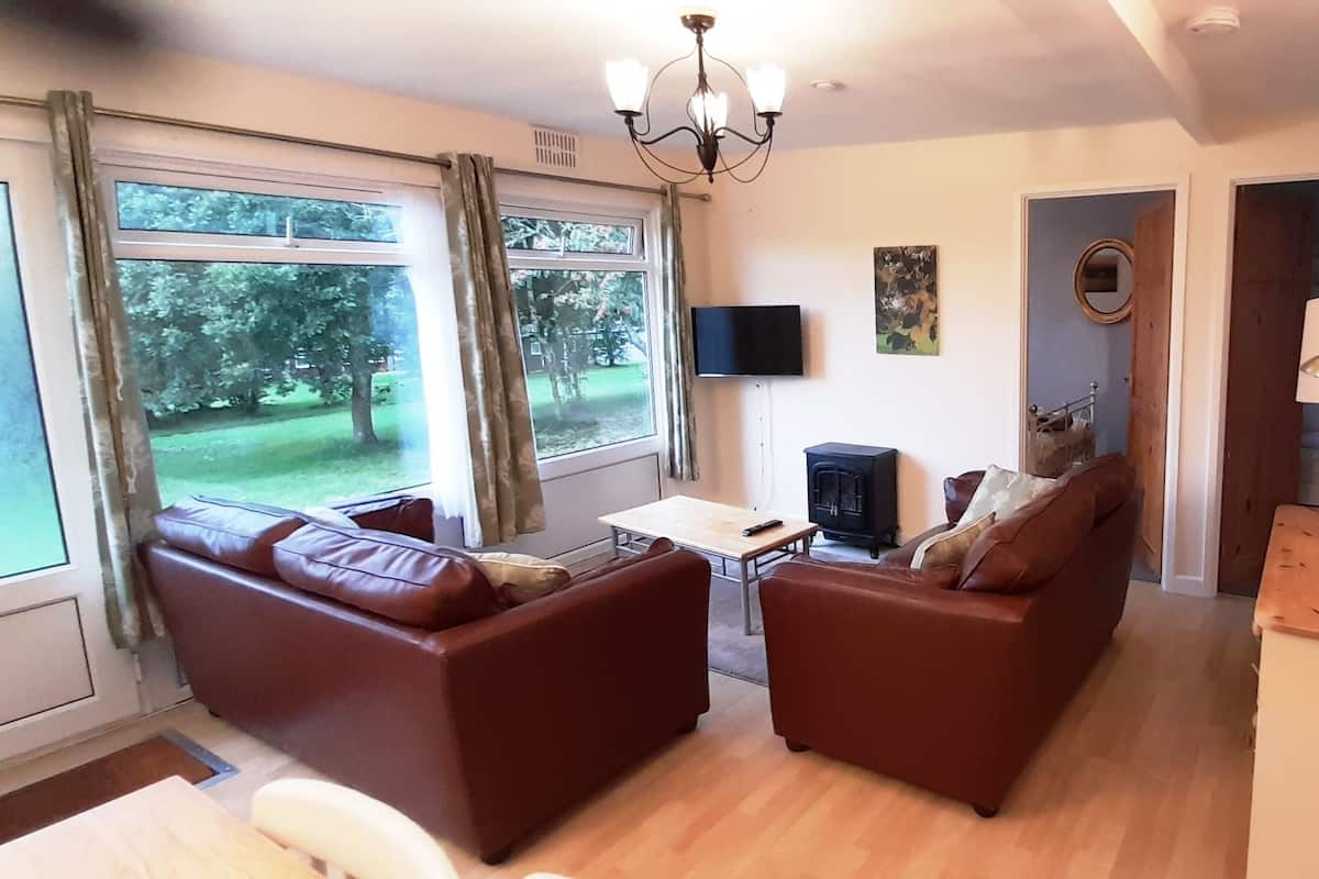 Una sala de estar con un sofá, televisor, mesa y chimenea.