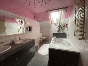 Hair dryer, slippers, towels, soap