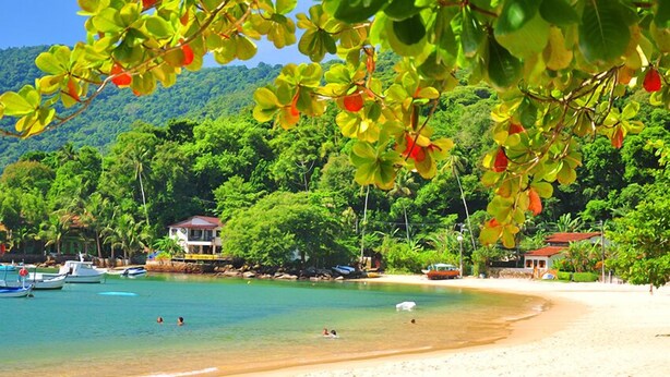 A beach with clear turquoise water, a sandy shore, and lush green trees in the background. - Pousada dos Meros (Angra dos Reis)