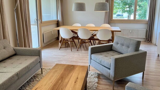Ein modernes Wohnzimmer mit einem Holzesstisch, zwei grauen Sofas und einem Couchtisch.