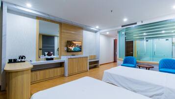 Minibar, desk, laptop workspace, blackout curtains