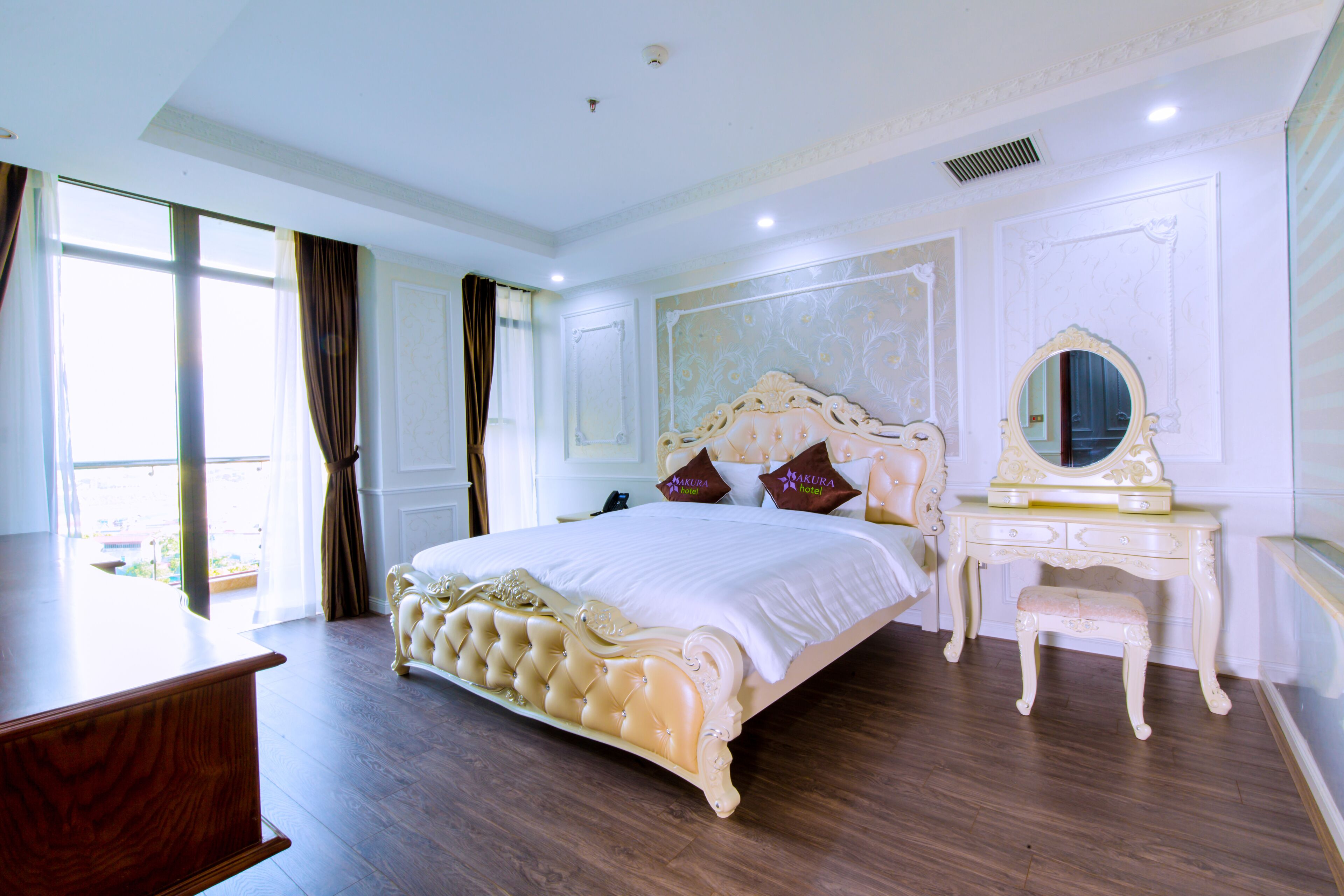 Minibar, desk, laptop workspace, blackout curtains