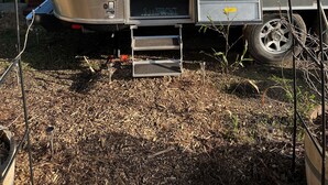 Una caravana plateada con la puerta abierta, mostrando un espacio para dormir con un banco y una ventana.