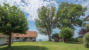 A courtyard with a large tree, a building with a tiled roof, and a view of the sea.