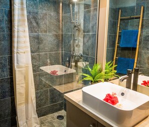 Shower, hair dryer, towels, toilet paper