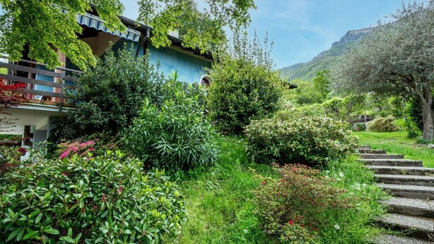 A house with a balcony, surrounded by lush greenery and a stone staircase leading up.