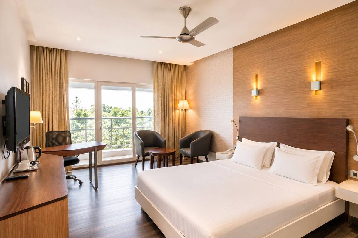 A hotel room with a bed, desk, chairs, a television, and a balcony with curtains.