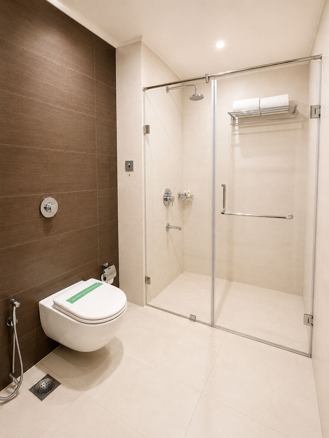 A modern bathroom with a glass-enclosed shower, a toilet, and a towel rack.