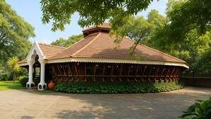 A gazebo with a tiled roof, surrounded by lush greenery and a paved walkway. - Hotel Indraprastha (Palakkad)