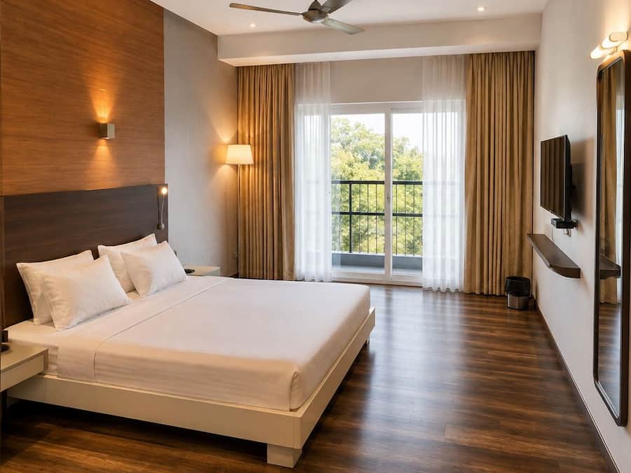 A modern hotel room with a large bed, a ceiling fan, a TV, and a view of greenery through the window.