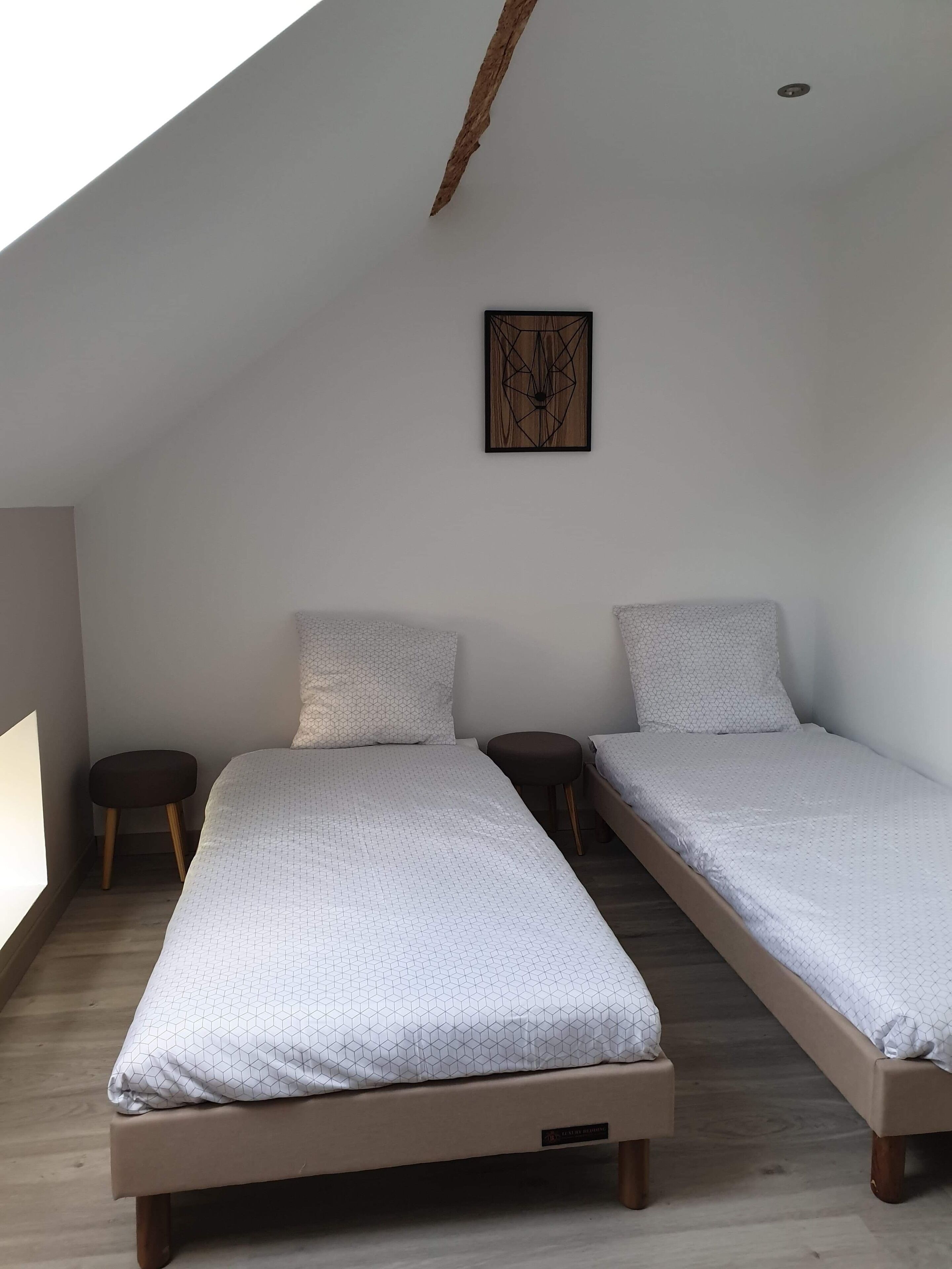 Une petite chambre moderne avec deux lits simples, un plancher en bois et un plafond en pente.