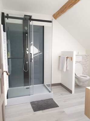 Chuveiro, secador de cabelo, papel higiênico 