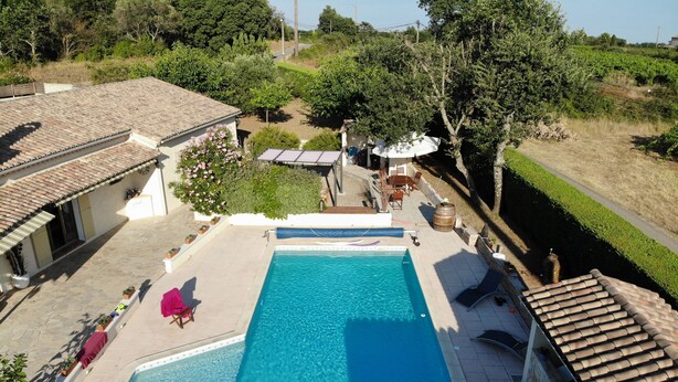 A rooftop swimming pool with a tiled deck, surrounded by potted plants and outdoor furniture.