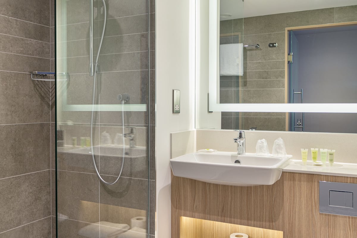 shower, free toiletries, hair dryer, towels