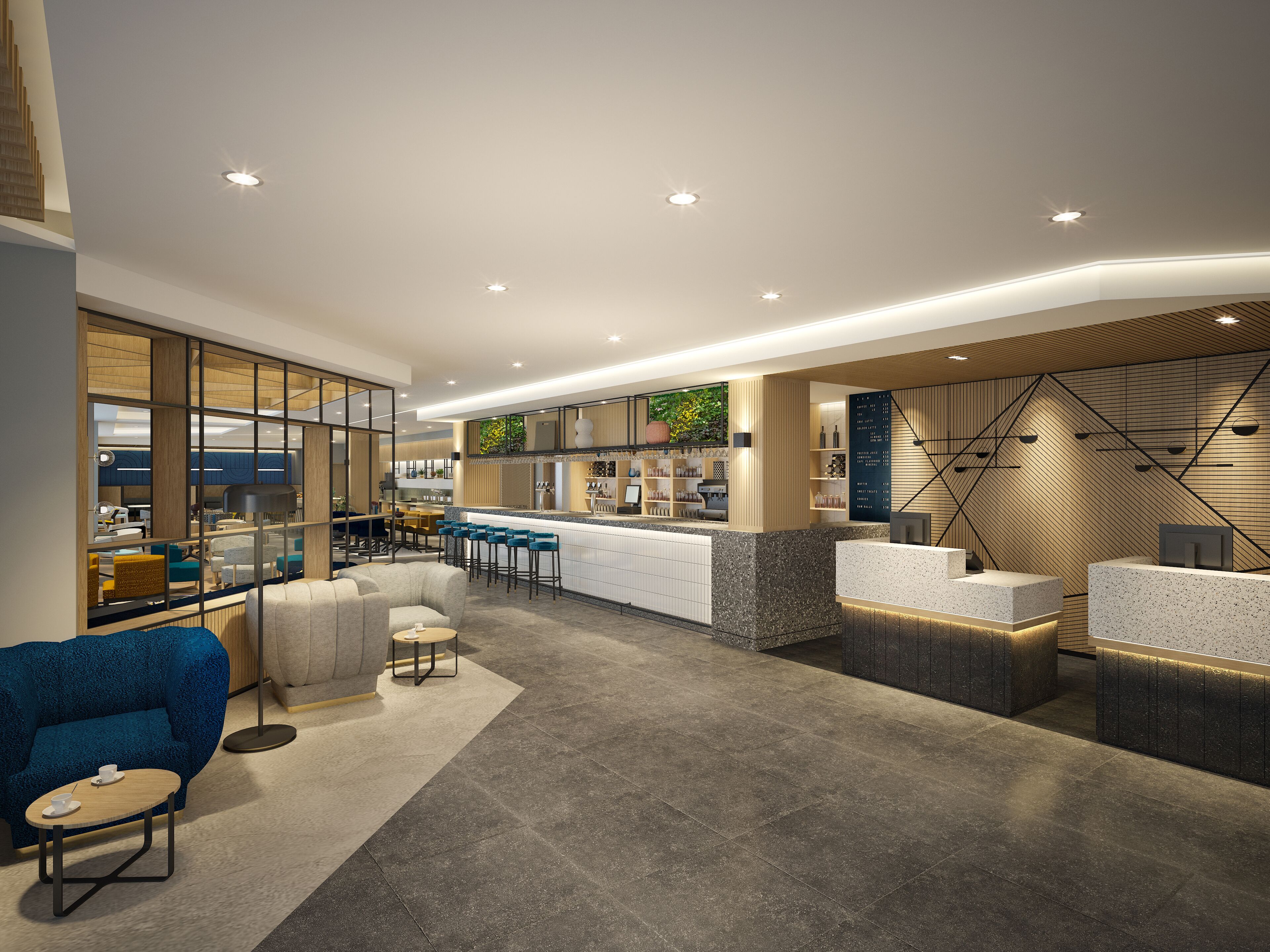 A modern hotel lobby with a bar area, seating, and a reception desk.