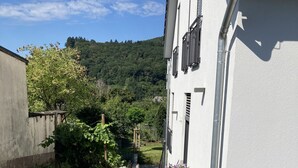 Un étroit sentier mène à un bâtiment à la façade blanche, avec un petit jardin agrémenté de fleurs et d’arbustes.