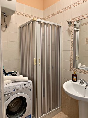 Shower, hair dryer, bidet, towels