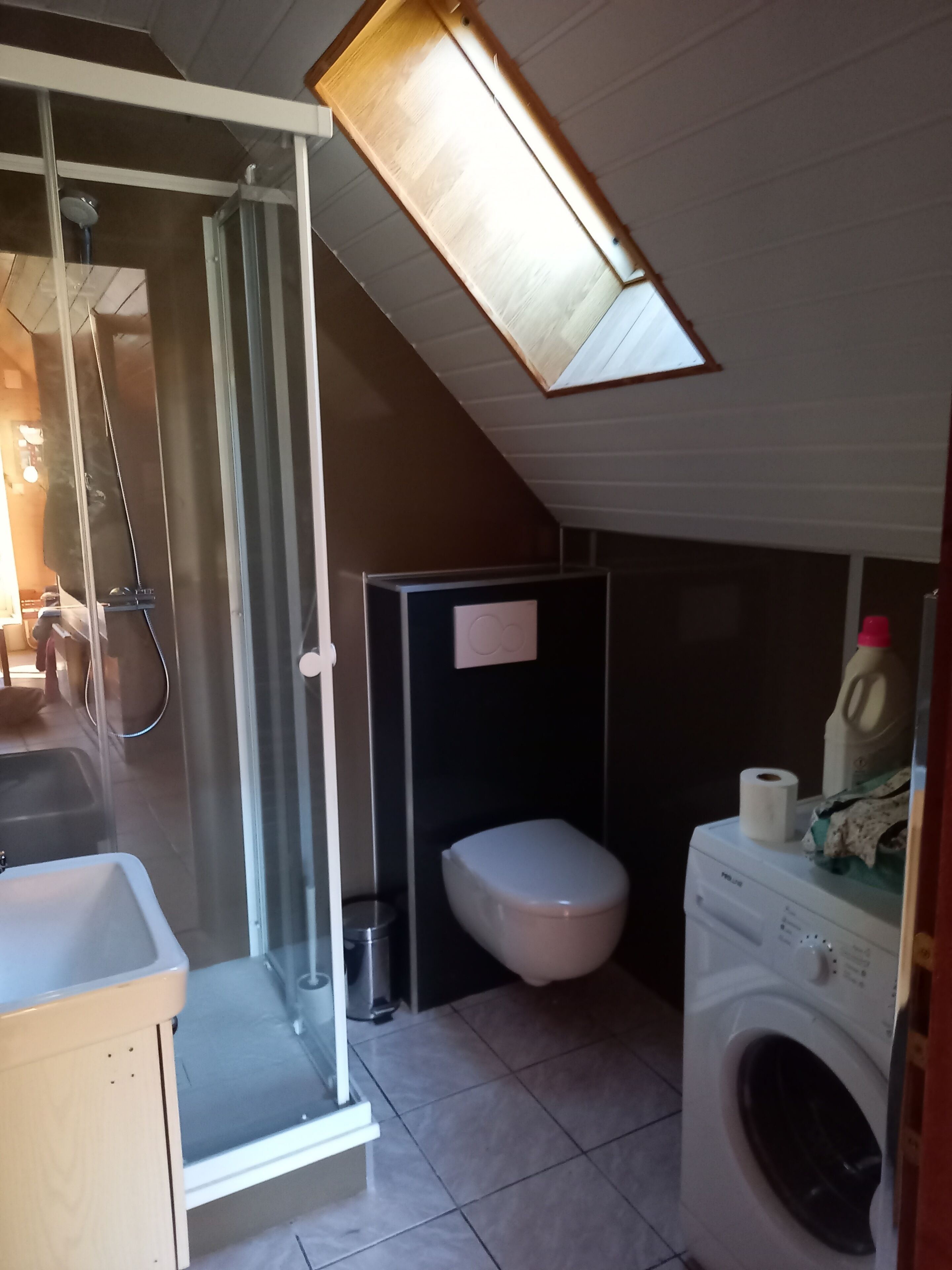 Une petite salle de bain comprenant une douche, des toilettes et un lave-linge.