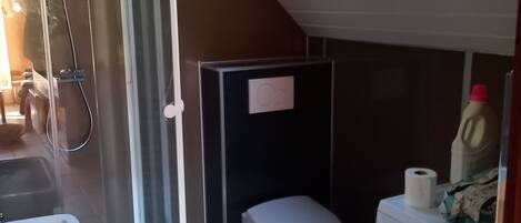 Une petite salle de bain comprenant une douche, des toilettes et un lave-linge.
