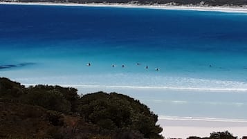 Nära stranden och solstolar