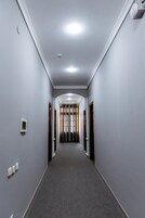 Un pasillo con paredes grises, piso cubierto de alfombra y puertas a ambos lados que dan a habitaciones.