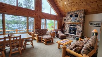 Smart TV, fireplace, DVD player, books