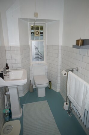 Une salle de bain avec des carreaux blancs, un lavabo, des toilettes, une fenêtre décorée d’une fougère et un porte-serviettes.