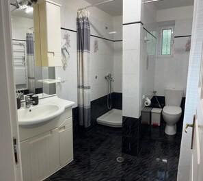 Shower, hair dryer, towels, soap