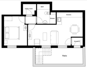 A floor plan with a bedroom, bathroom, kitchen, utility room, and patio.