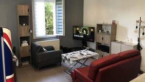 A compact living space with a grey sofa, a red couch, a TV displaying a Netflix show, a wooden cabinet, and a window with blinds.