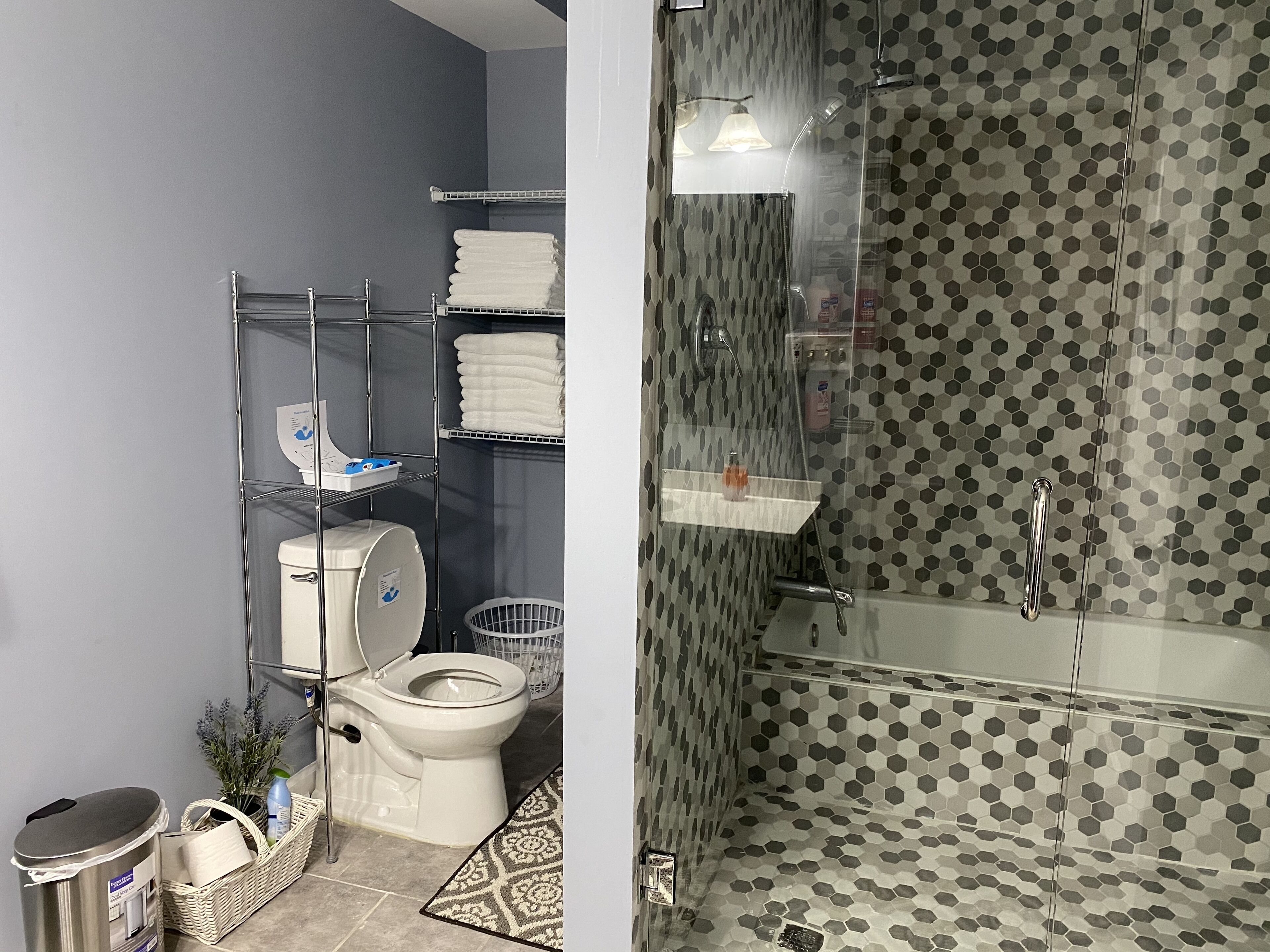 Combined shower/tub, hair dryer, towels, soap