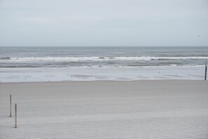 En la playa, camastros y toallas de playa 