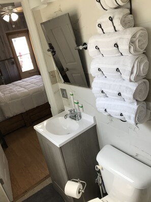 Douche, séchoir à cheveux, serviettes fournies, savon