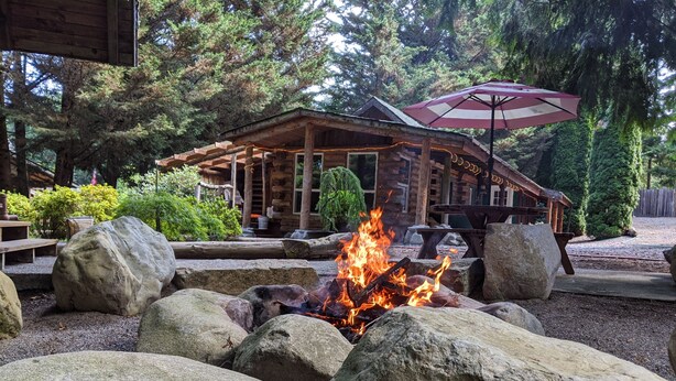 A rustic wooden cabin with a fire pit surrounded by large rocks, a picnic table, and an umbrella. - Cozy Log Cabin in peaceful wooded surroundings (Monroe)