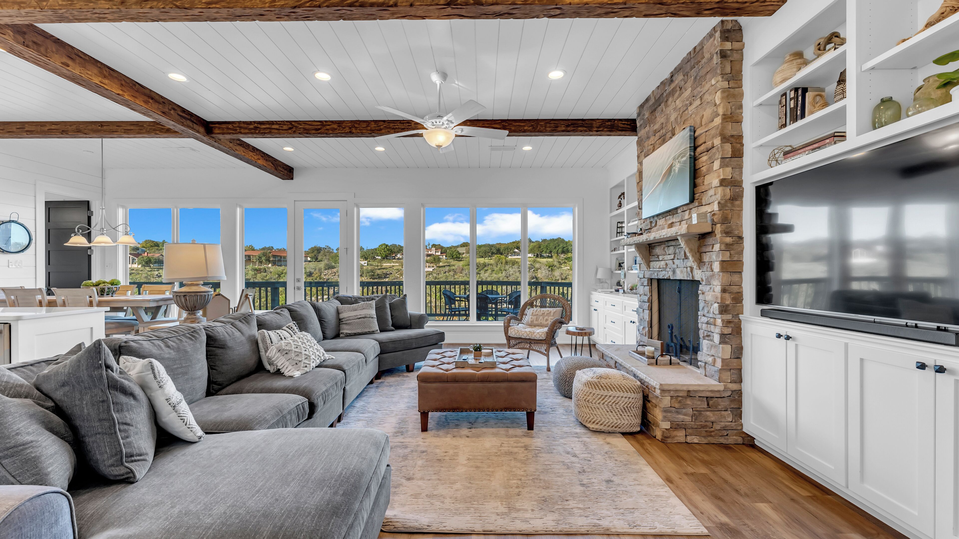 Smart TV, fireplace, books