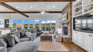 Smart TV, fireplace, books