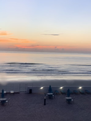 On the beach, sun loungers