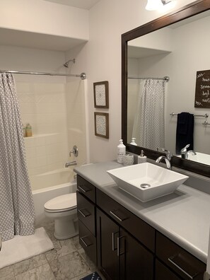 Combined shower/bathtub, hair dryer, towels, soap