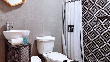 Hair dryer, towels, soap, shampoo