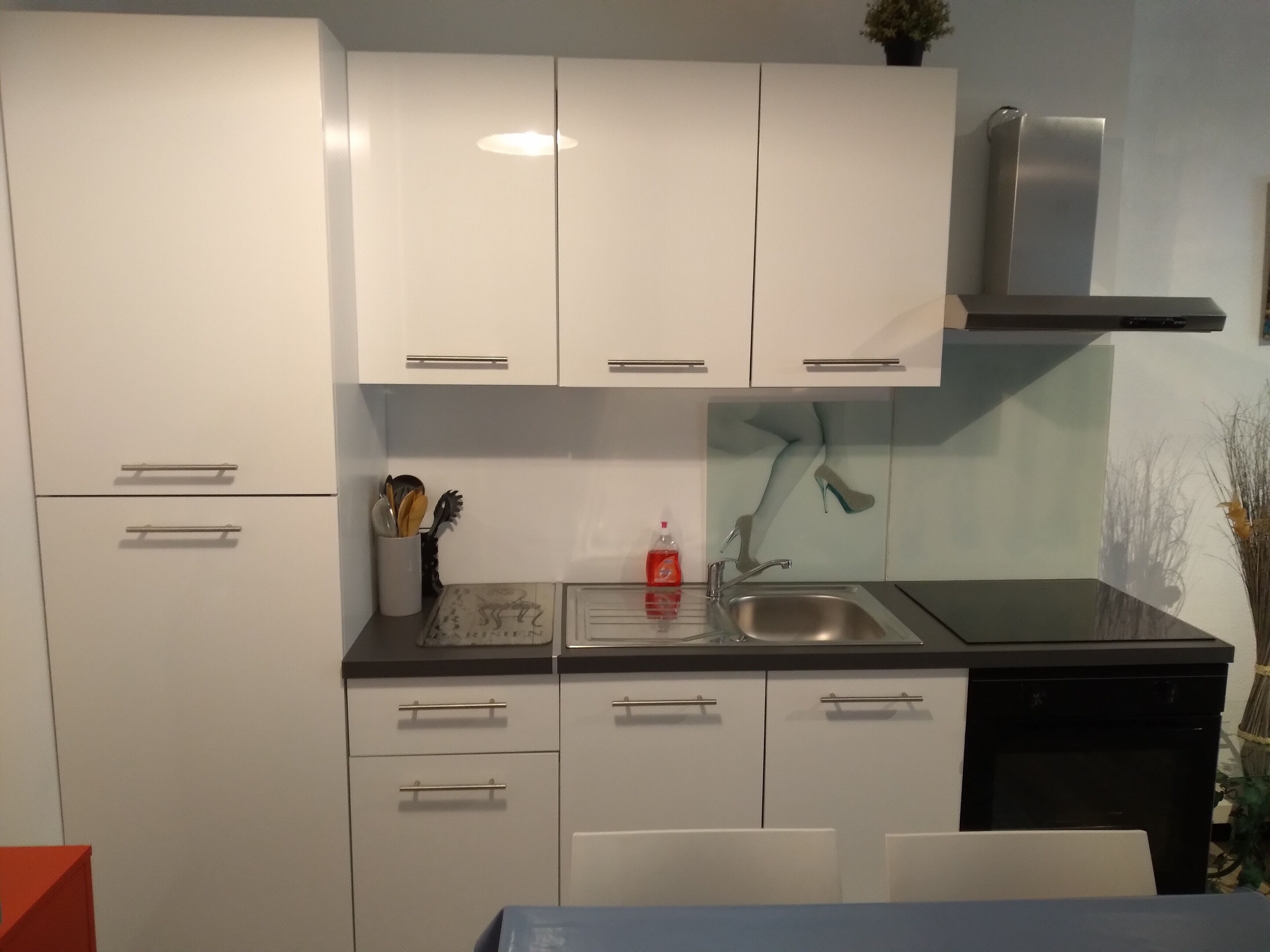 A modern kitchen with white cabinets, a black countertop, a stainless steel sink, and a dishwasher.