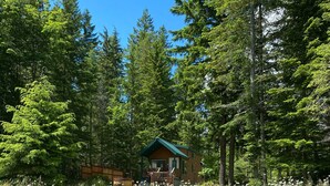 A cabin surrounded by dense forest and wildflowers.