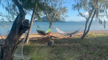 Plage à proximité, chaises longues, serviettes de plage
