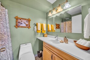 Shower, hair dryer, towels