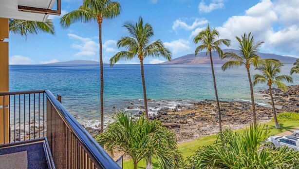 Ein Balkon mit Blick auf das Meer, Palmen und eine felsige Küste.
